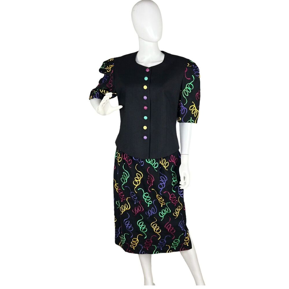 Howard Wolf Womens Sz 12 Colorful Puff Sleeve Skirt Suit Vtg 80s Marti Gras